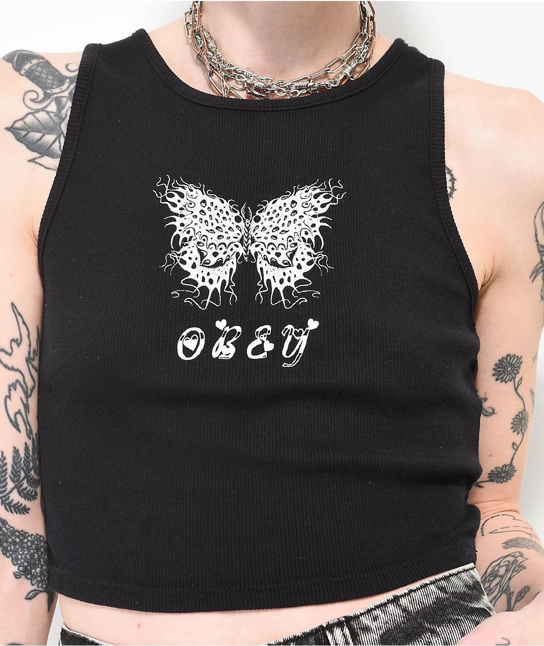 Obey Flaming Butterfly Black Ribbed Crop Tank Top Product Image