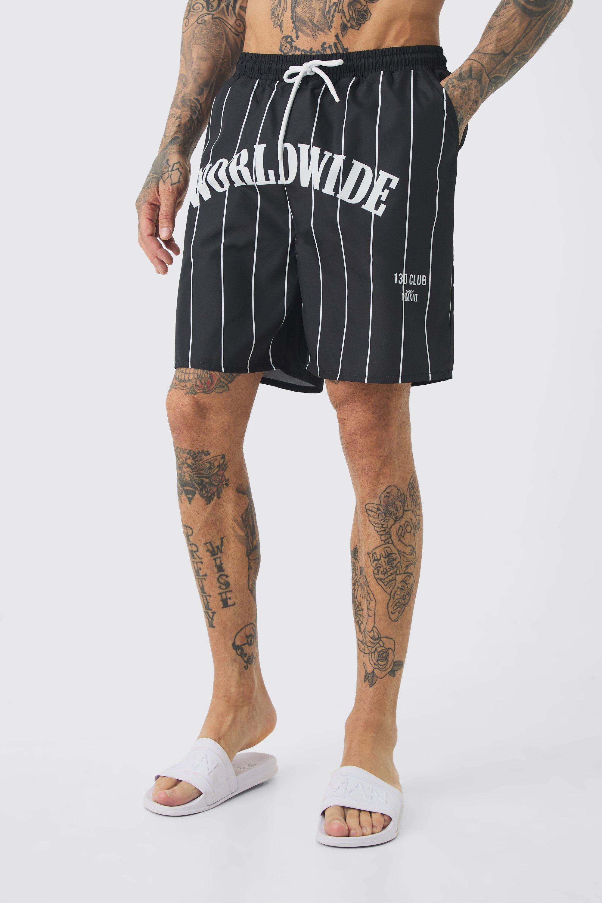 Tall Worldwide Crotch Printed Stripe Swim Trunks | boohooMAN USA Product Image