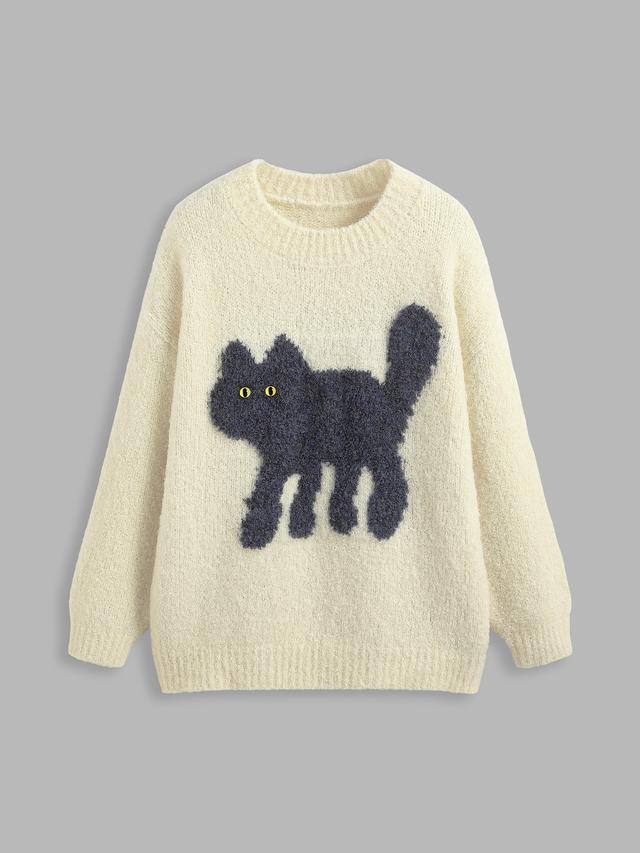 Wool-blend Round Neckline Cat Knitted Long Sleeve Sweater Product Image