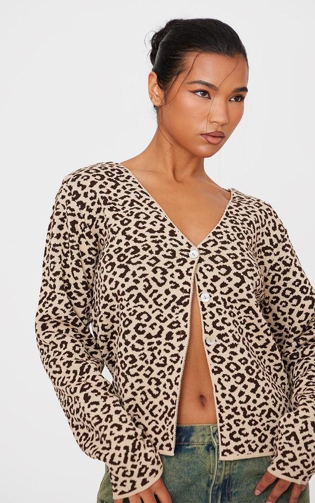  Brown Leopard Print Knitted Button Up V Neck Cardigan Product Image