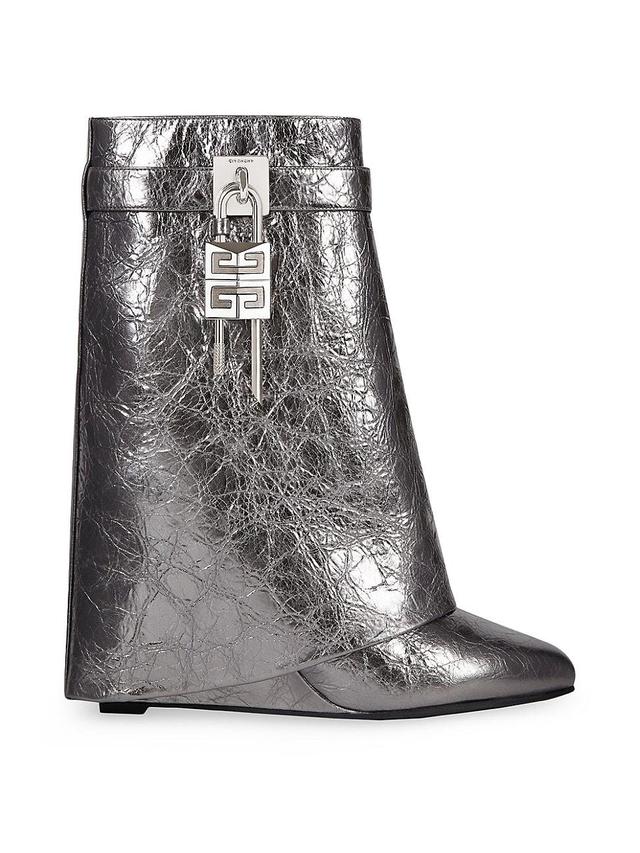 Womens Shark Lock Ankle Boots in Laminated Leather - Silvery Grey - Size 9 Product Image