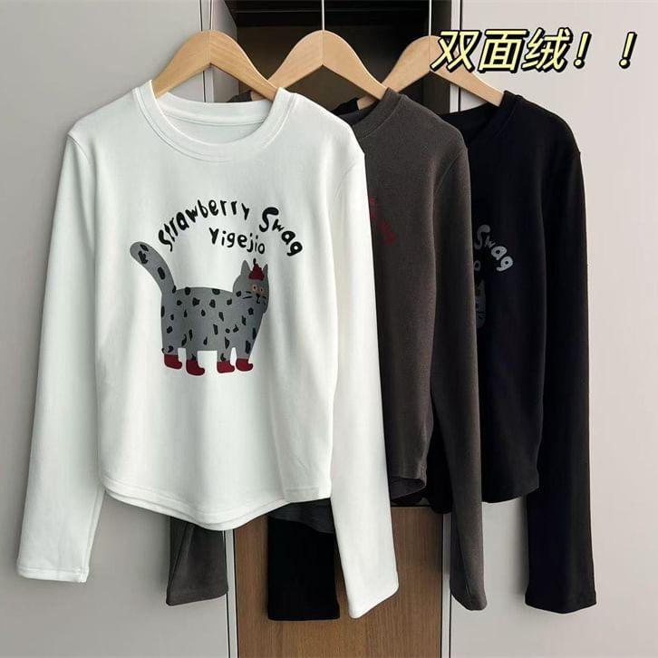 Long-Sleeve Crew Neck Cat Print T-Shirt Product Image