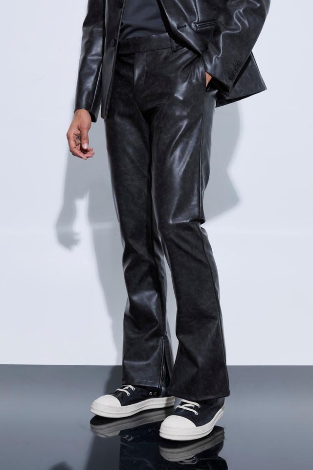 Mens Black Split Hem Pu Tailored Flared Trousers, Black Product Image