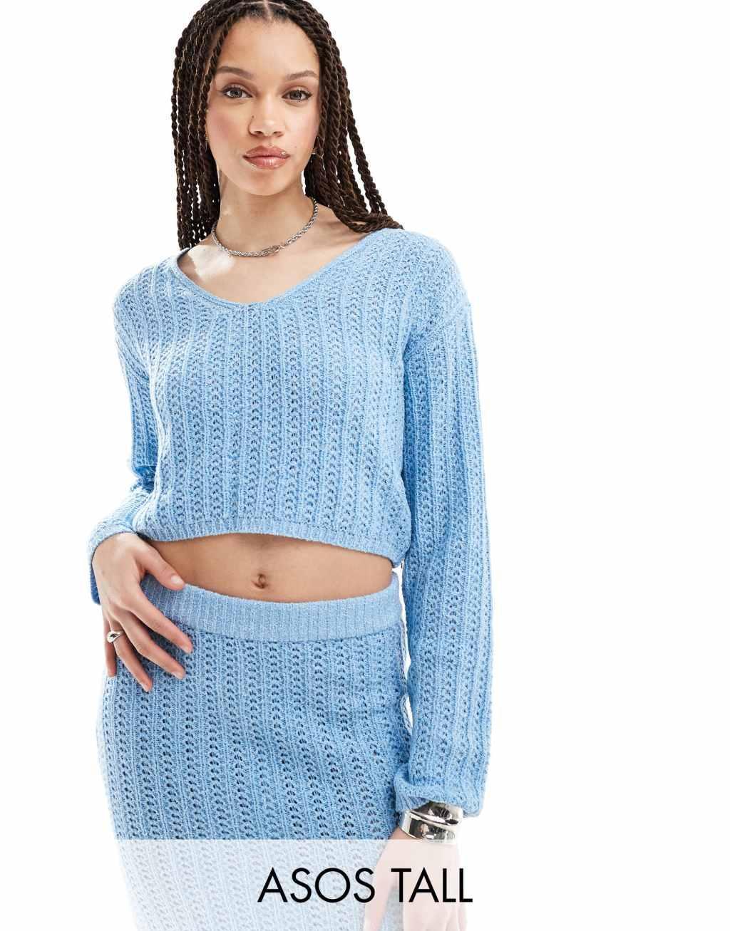 ASOS DESIGN Tall knit V-neck crop sweater in open stitch in blue - part of a set Product Image