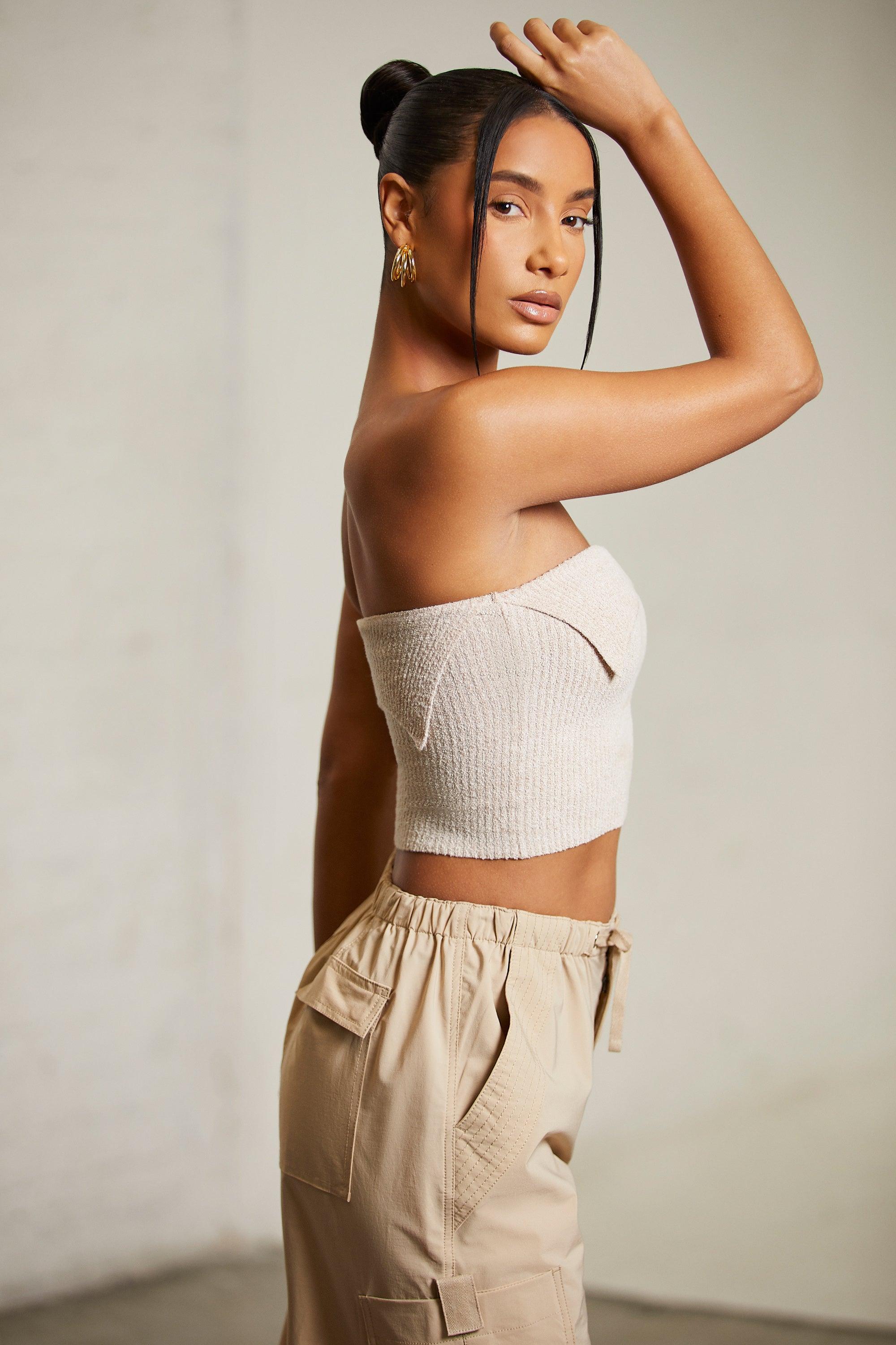 Overlap Bandeau Crop Top in Beige Product Image