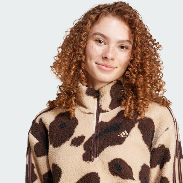 Essentials 3-Stripes Animal Print High Pile Cropped 1/4 Zip Top Product Image