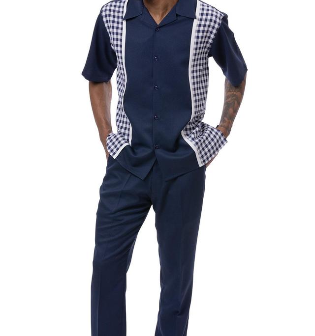 Navy Checker Plaid Walking Suit 2 Piece Short Sleeve Set Product Image