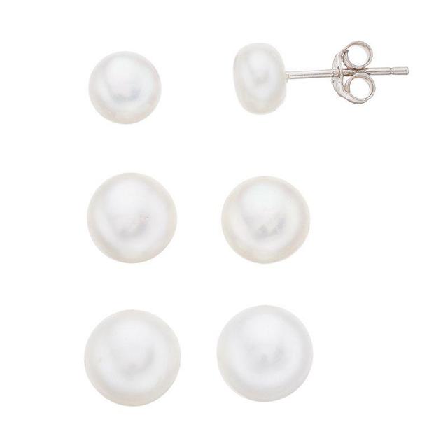 Aleure Precioso 3 Pair Sterling Silver Freshwater Cultured Pearl Stud Earring Set, Womens, Natural Product Image