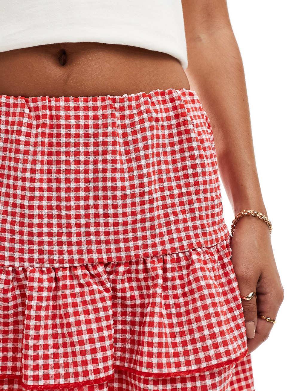 Miss Selfridge gingham ruffle skirt in red Product Image