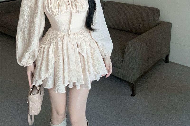 Long Sleeve Square Neck Plain Ruffle Hem Mini A-Line Dress Product Image