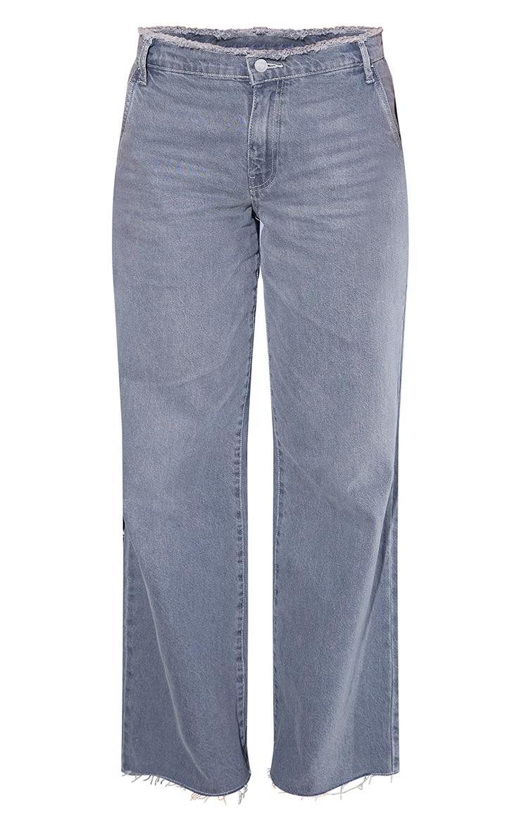 Washed Grey Fray Waistband Wide Leg Jeans Product Image