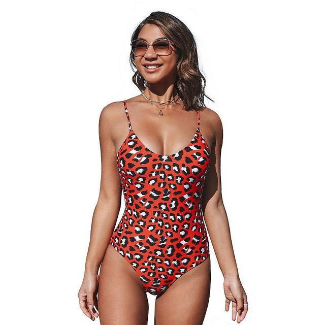 Womens CUPSHE Leopard Print V-Neck One-Piece Swimsuit Red Product Image