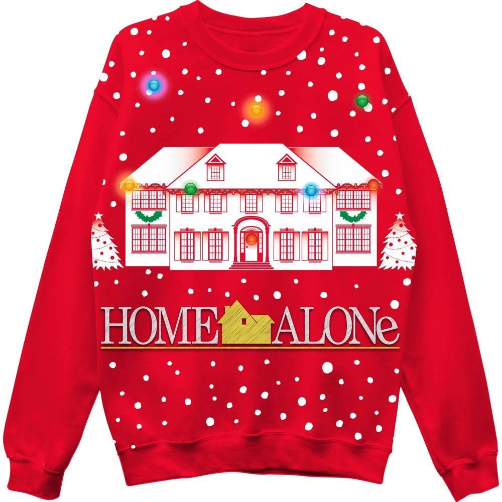 Mens Home Alone House Light Up Fleece Crewneck Pullover Sweatshirt - Red Product Image