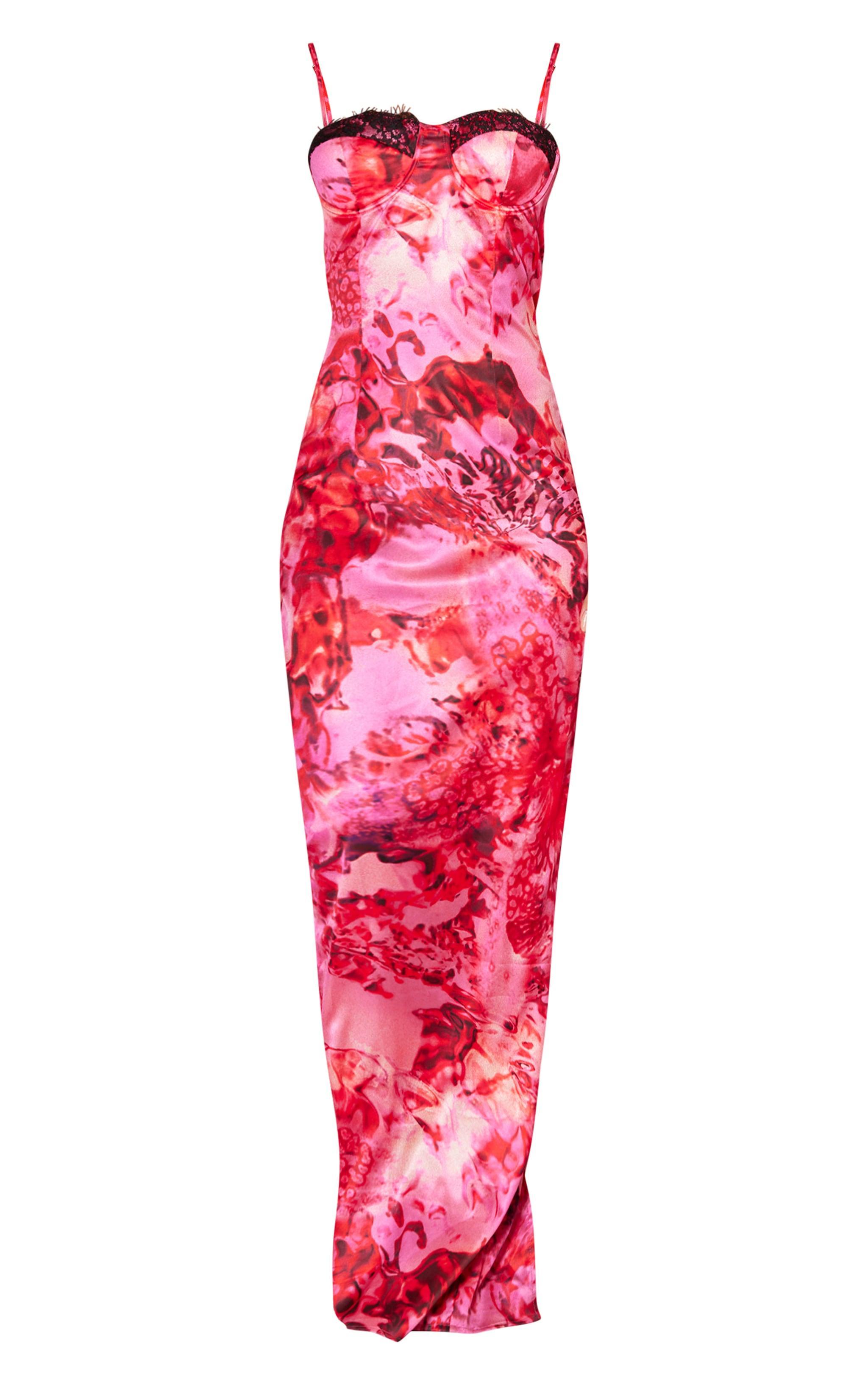 Bright Pink Floral Satin Print Lace Trim Maxi Dress Product Image