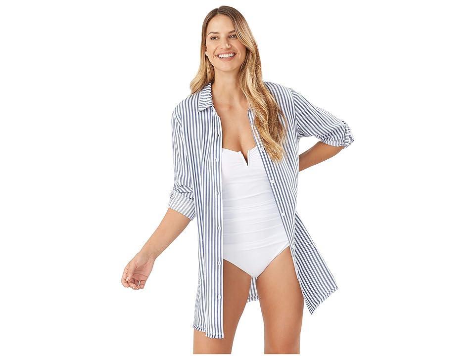 Tommy Bahama Chambray Stripe Long Sleeve Cover-Up Boyfriend Shirt Product Image