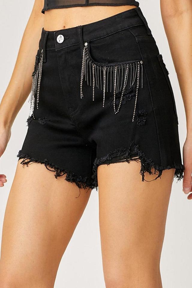 Risen Frayed Hem Denim Shorts with Fringe Pockets Product Image