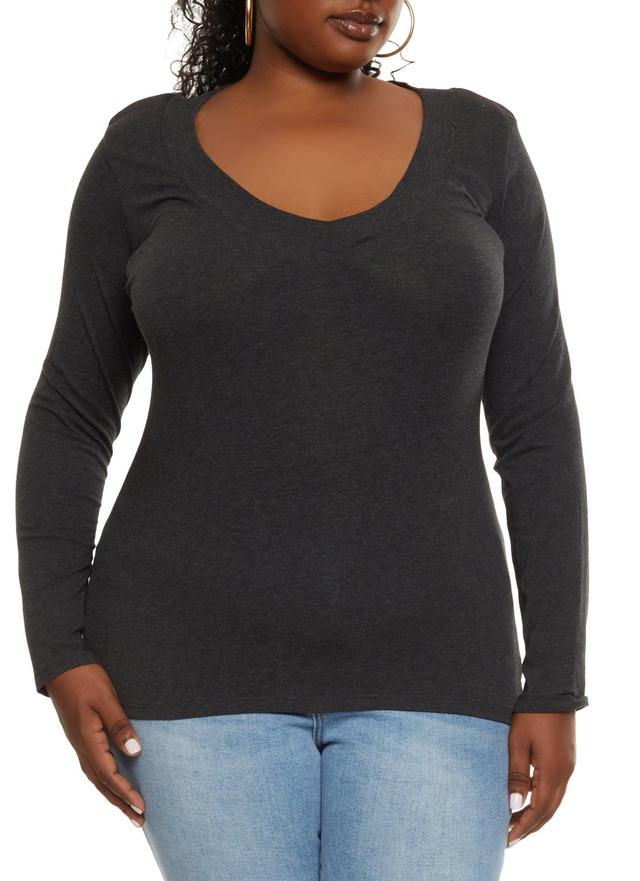 Womens Plus Size Solid V Neck Long Sleeve Tee Product Image