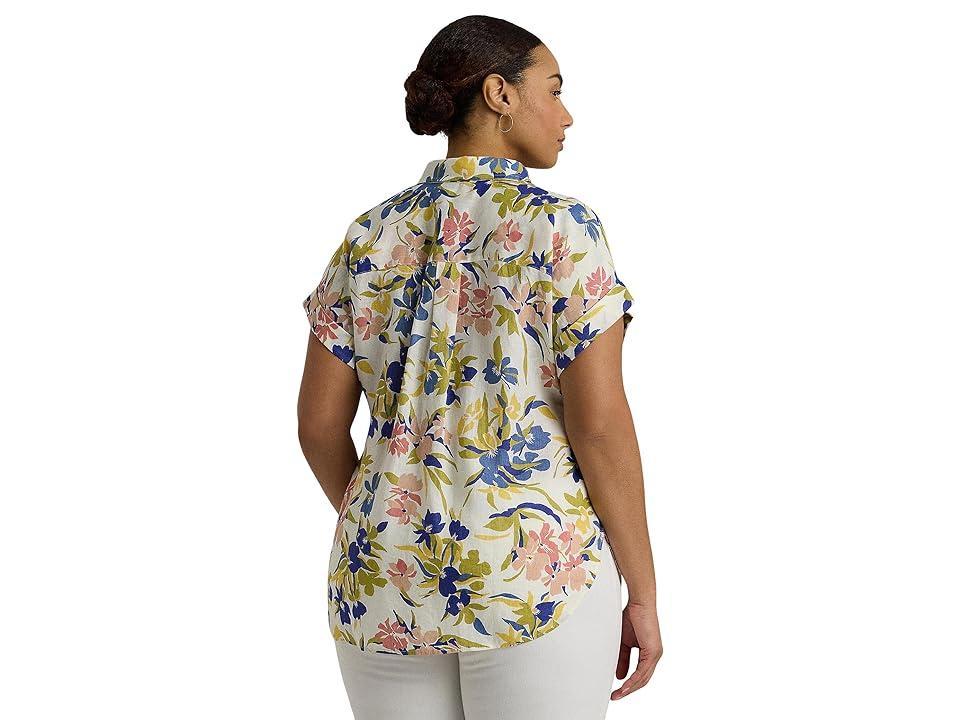 LAUREN Ralph Lauren Plus-Size Relaxed Fit Floral Short-Sleeve Shirt (Cream Multi) Women's Clothing Product Image