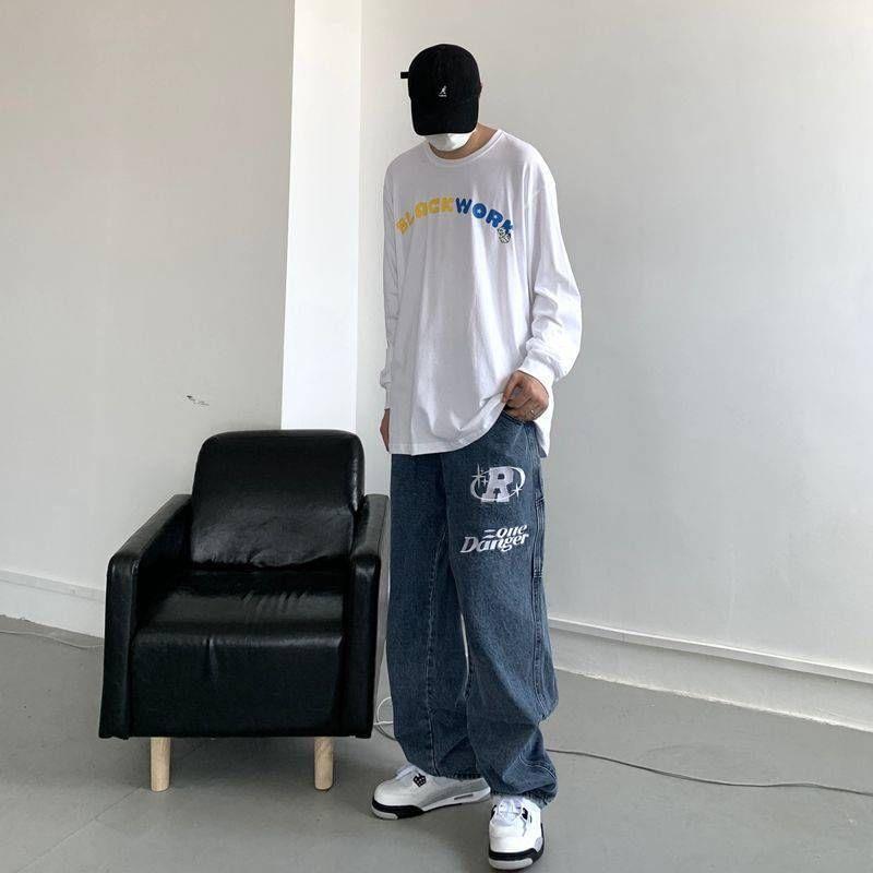 Lettering Embroidered Baggy Jeans Product Image