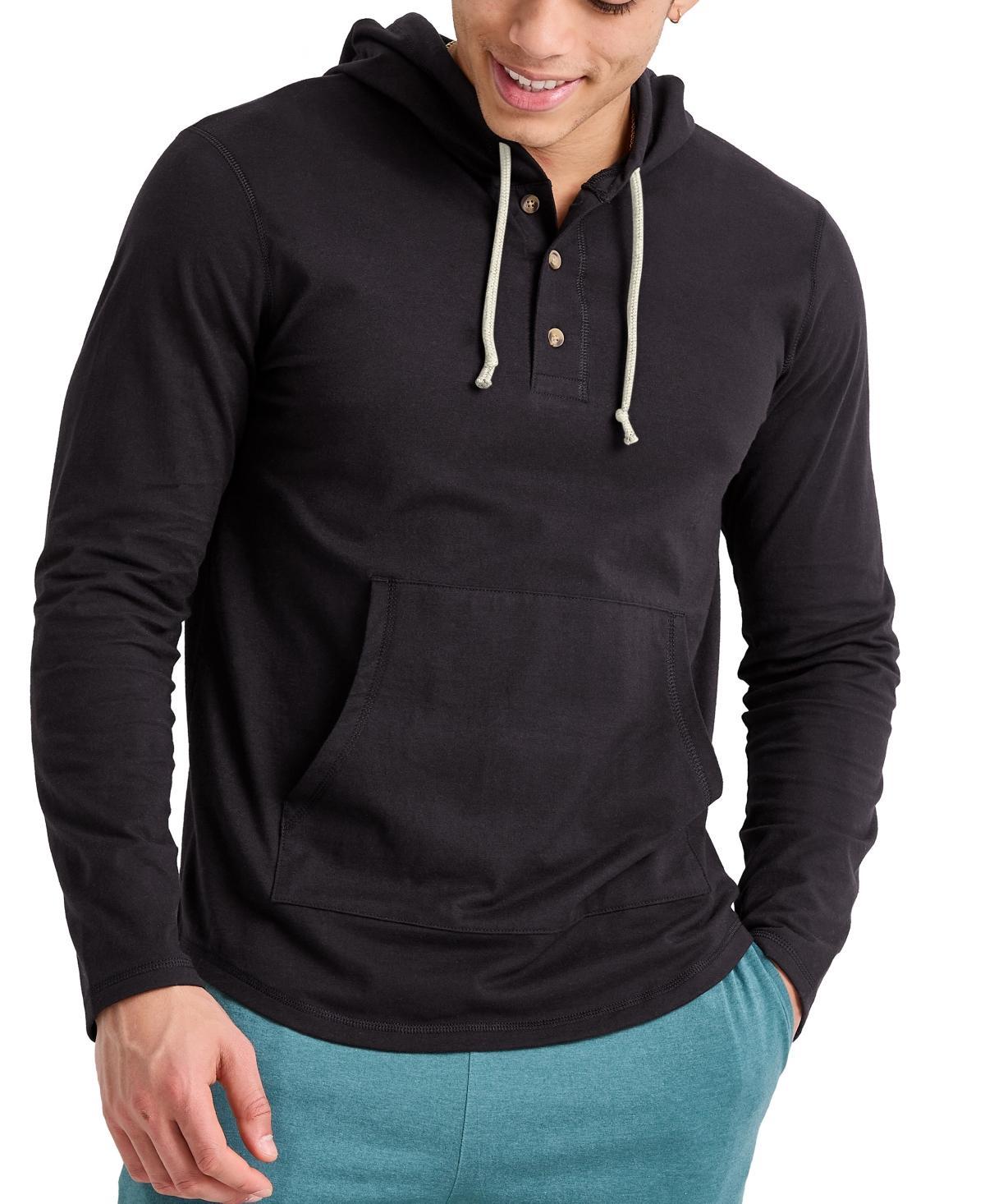 Mens Hanes Originals Cotton Henley Hoodie Blue Product Image