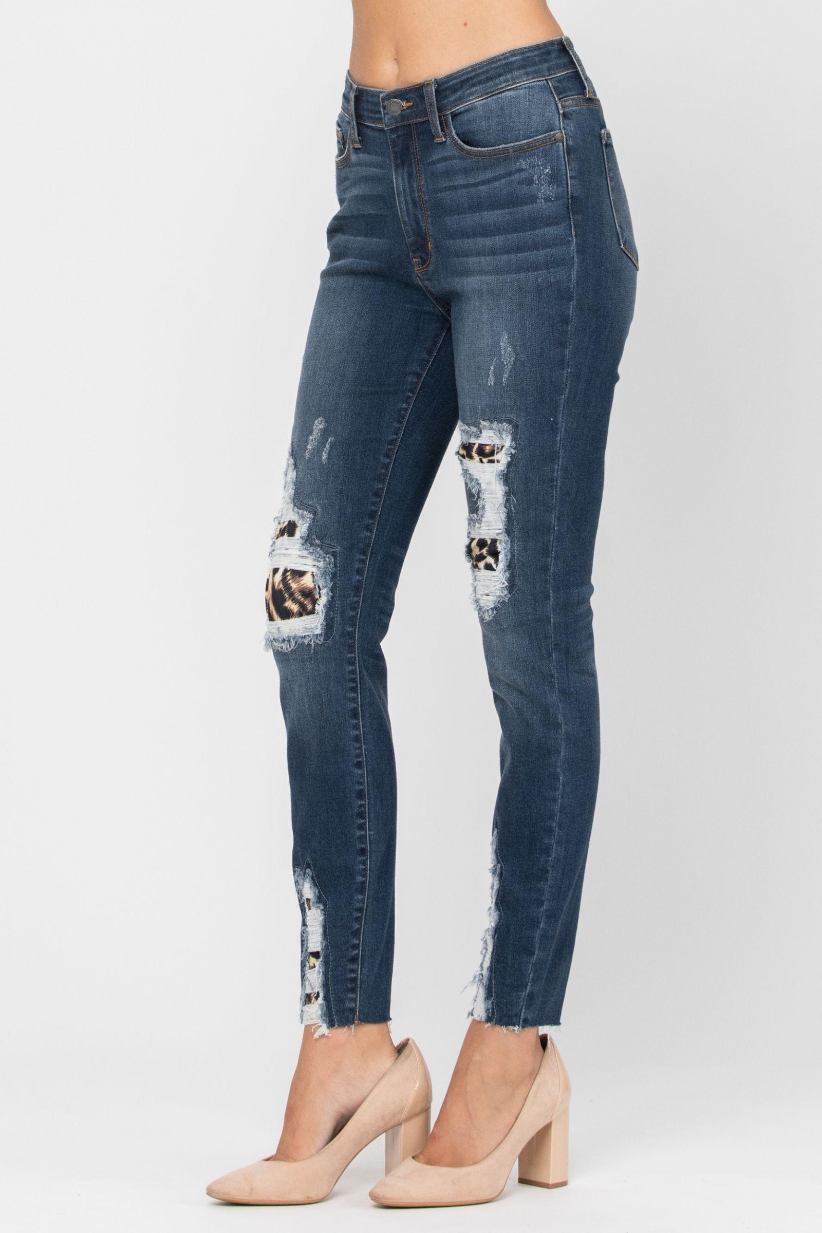 82166   Lizzy High Waist Leopard Patch Skinny Jeans by Judy Blue Product Image