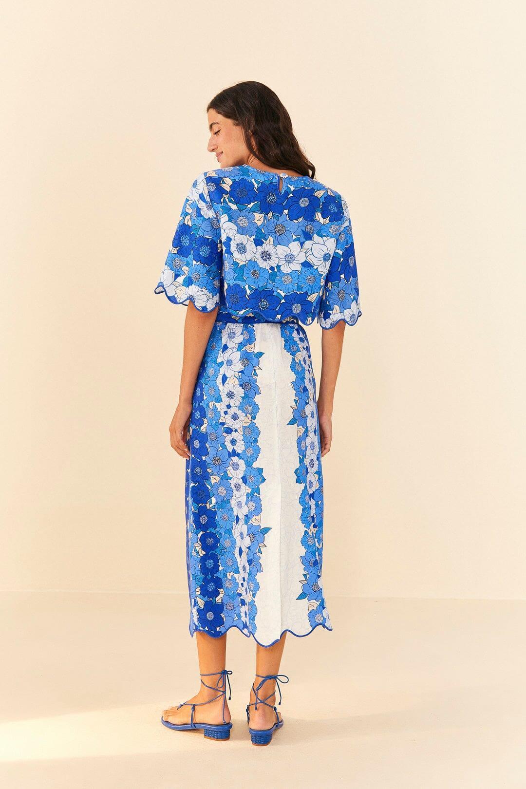 Blue Flower Stripes Midi Skirt Product Image