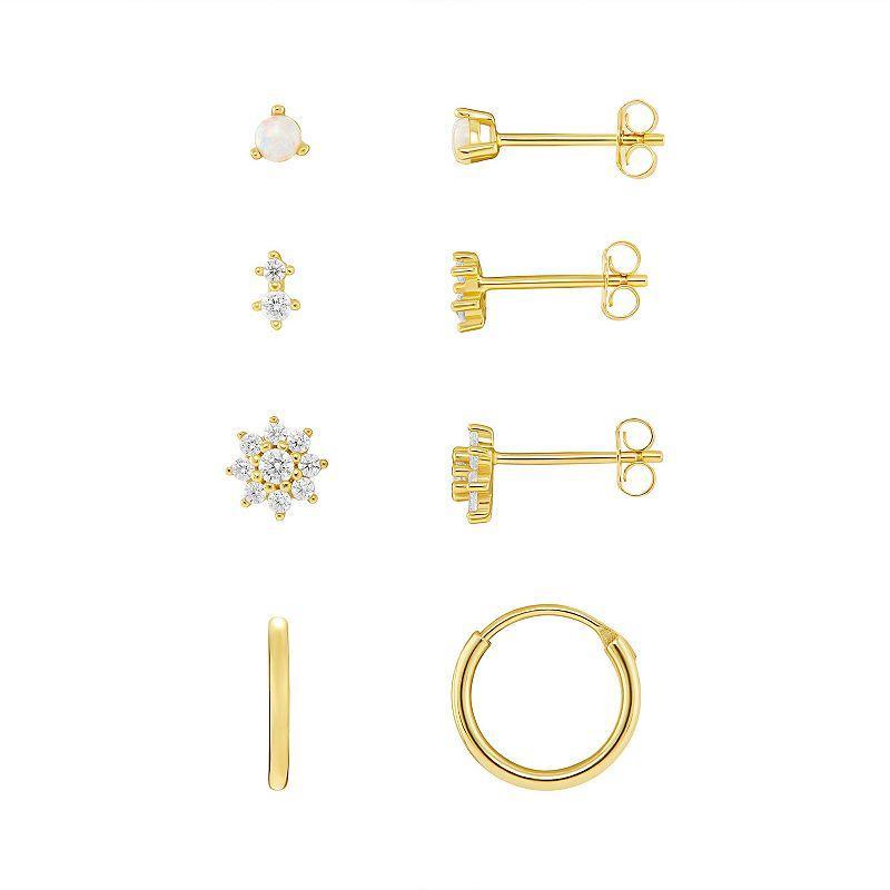 PRIMROSE 18k Gold Plated Opal Stud, Cubic Zirconia Stud & Endless Hoop 4 Pair Earring Set, Womens, Yellow Product Image