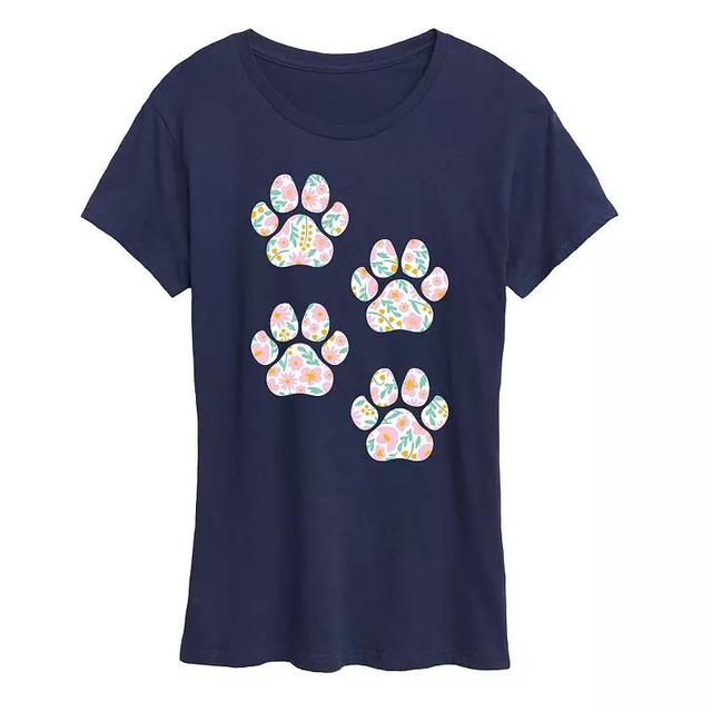 Womens Floral Dog Paw Prints Graphic Tee Blue Product Image