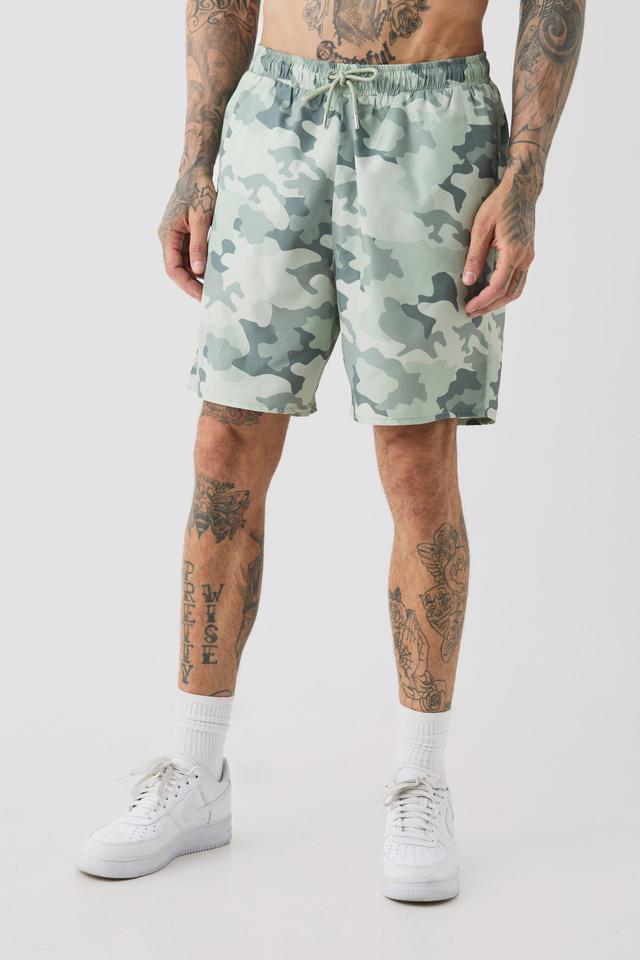 Tall Khaki Camo Printed Swim Shorts | boohooMAN USA Product Image