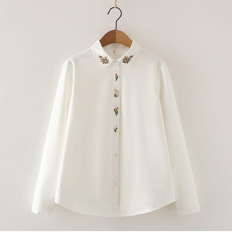 Long Sleeve Collared Floral Embroidered Shirt Product Image