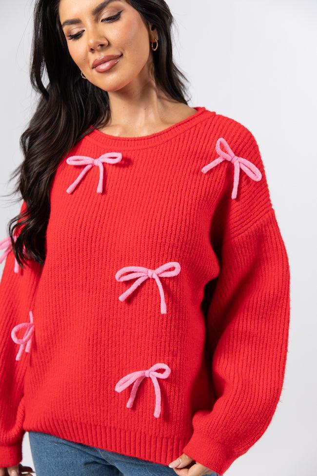 Knot Your Average Bow Red Embroidered Bow Sweater Product Image