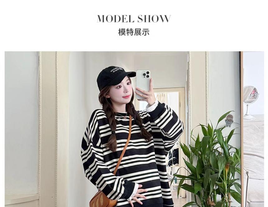 Maternity Round Neck Striped Oversized Sweatshirt Product Image