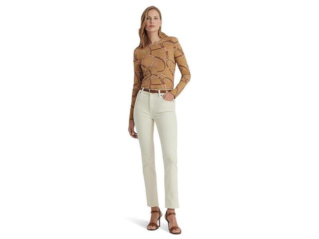 LAUREN Ralph Lauren Petite Belting-Print Cotton Long-Sleeve Tee (Camel Multi) Women's Clothing Product Image