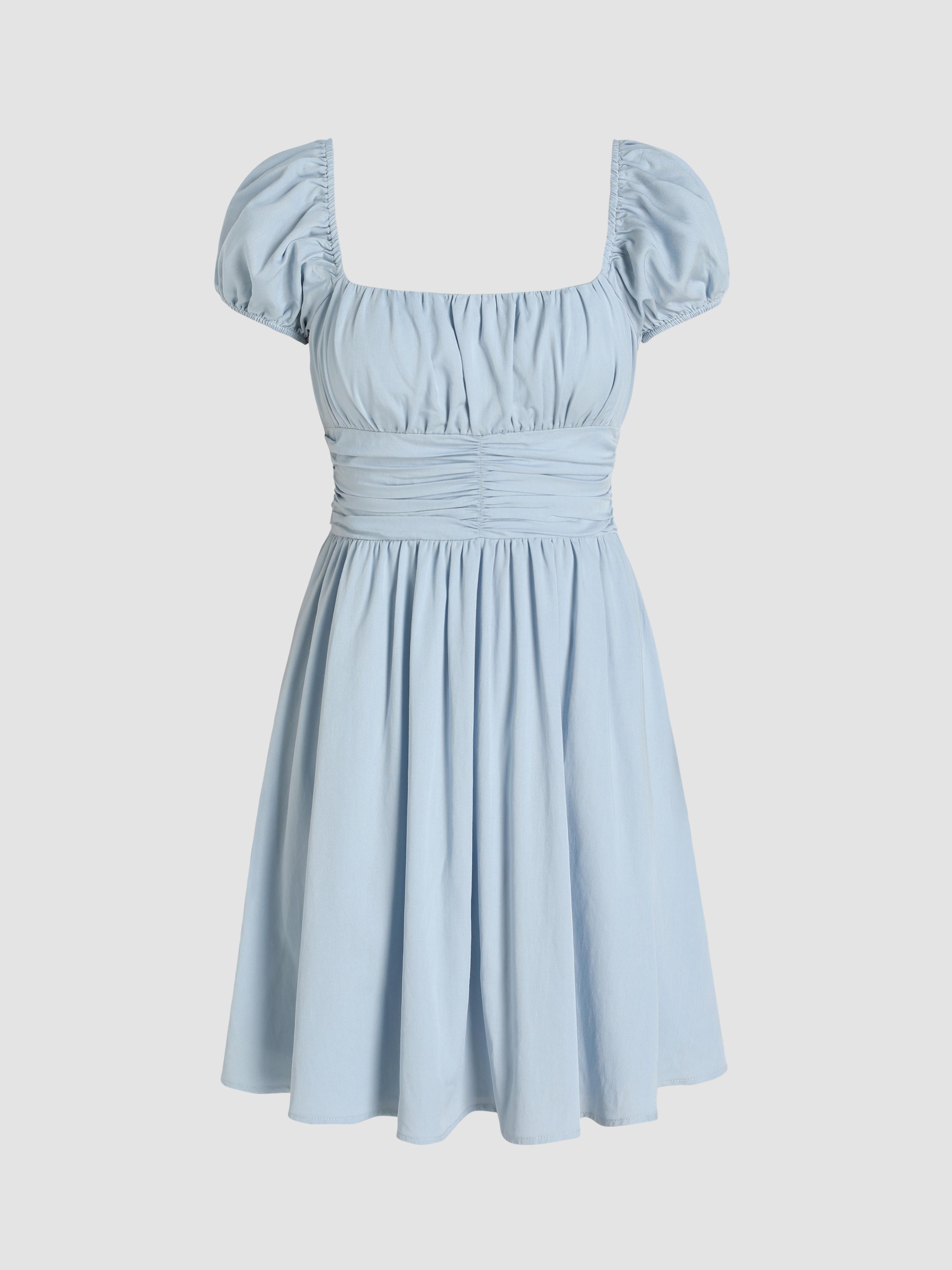 Linen-Blend Ruched Ruffle Square Neck Mini Dress Product Image