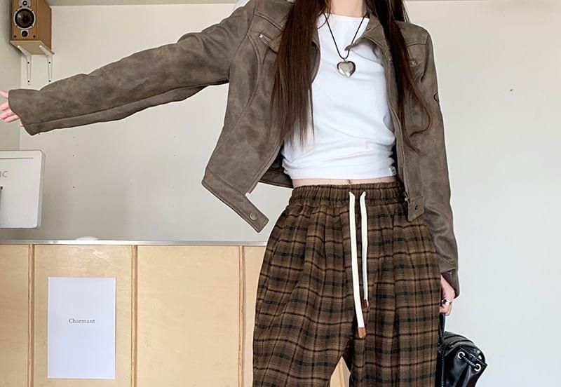 Drawstring Waist Plaid Wide Leg Pants Product Image