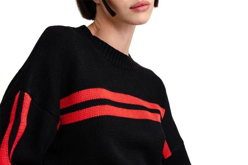 Drop Shoulder Round Neck Striped Crop Sweater Product Image