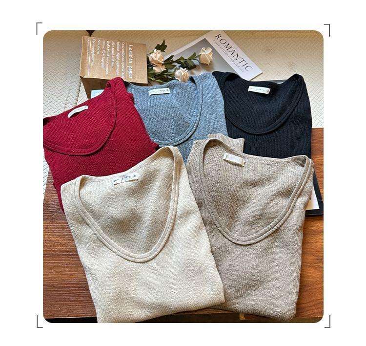 Scoop Neck Plain Ribbed Sweater Product Image