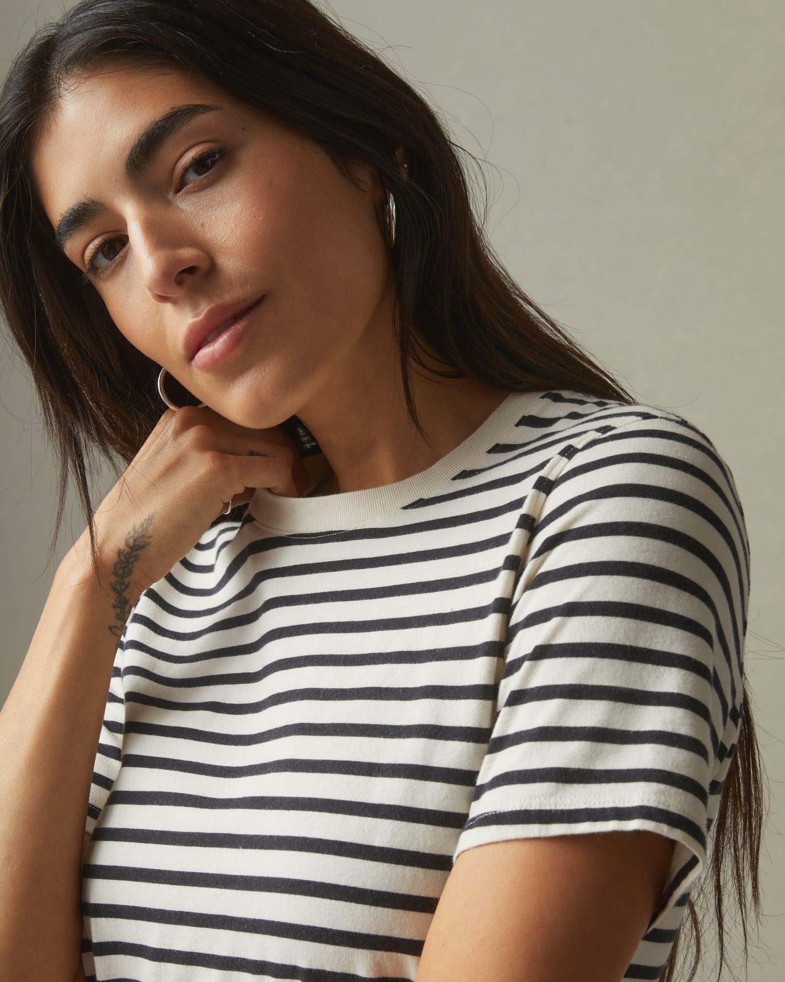 Striped Classic Cotton Crew - Turtledove/Dark Navy Female Product Image