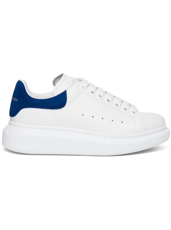 Mans Oversize White Leather Sneakers With Blue Heel And Logo Product Image