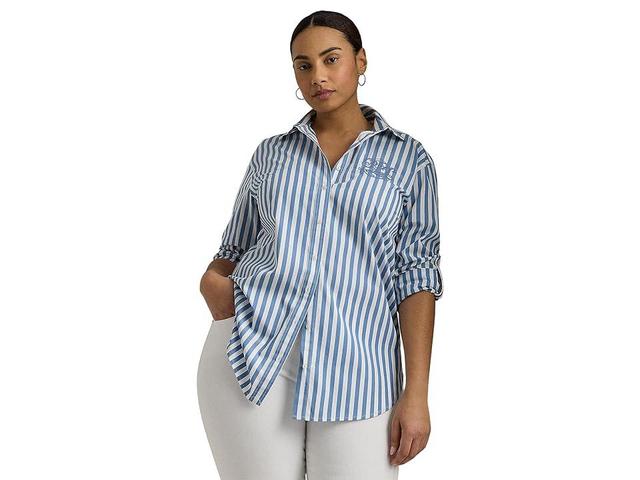 LAUREN Ralph Lauren Plus-Size Oversize Striped Cotton Broadcloth Shirt (Pale Azure/White) Women's Clothing Product Image