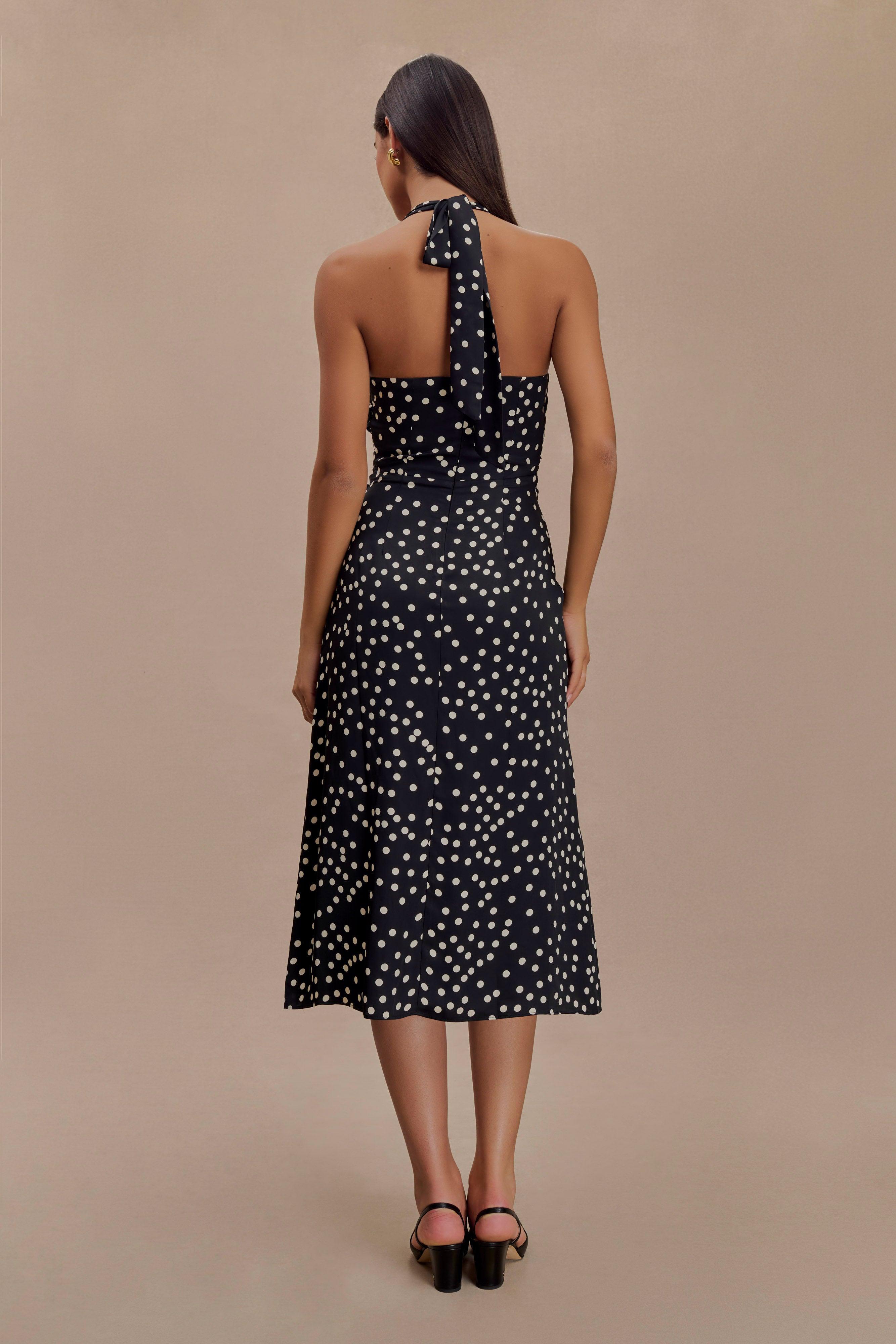 Marguerite Satin Halter Midi Dress - Black Polka Dot Print Product Image