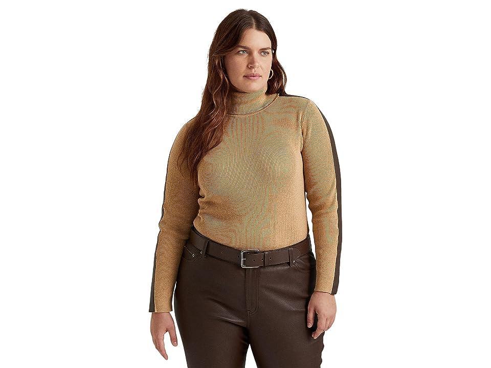 Lauren Ralph Lauren Plus-Size Faux-Leather-Trim Turtleneck Sweater (Classic Camel Heather/Chocolate) Women's Clothing product image