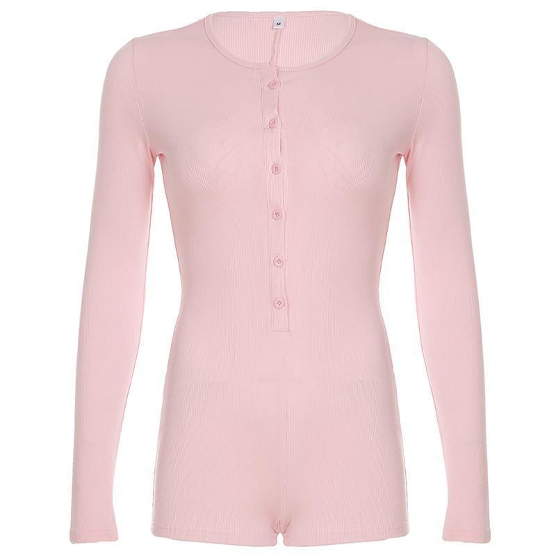 Long-Sleeve Crew Neck Plain Ribbed Half-Buttoned Romper Product Image