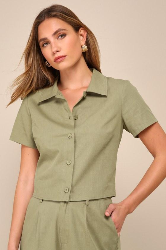 Complete Vibe Olive Green Cotton Button-Up Short Sleeve Top product image