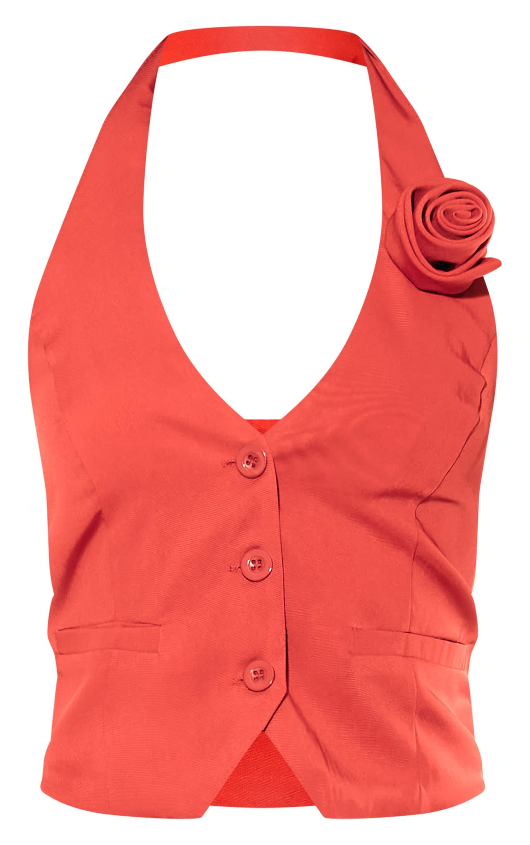 Red Tailored Rosette Detail Halterneck Vest Product Image