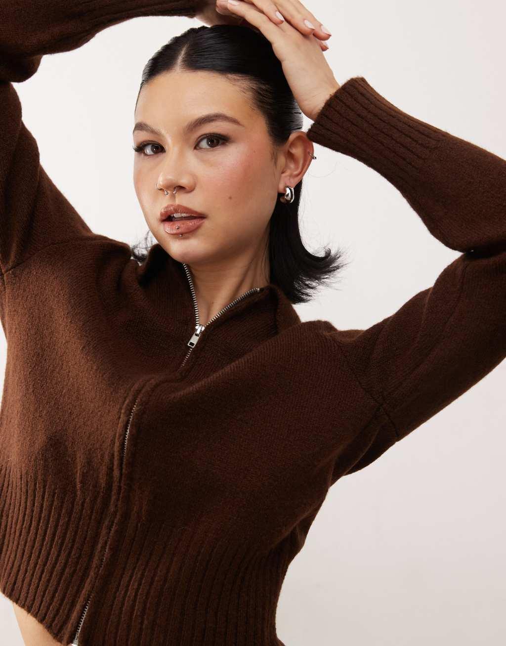 Reclaimed Vintage knitted zip through cardigan in chocolate Product Image