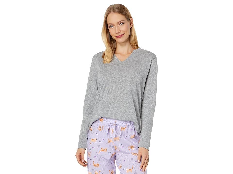 Karen Neuburger Petite Long Sleeve Split-Neck Tee PJ Set (Grey/Kitty) Women's Pajama Sets Product Image