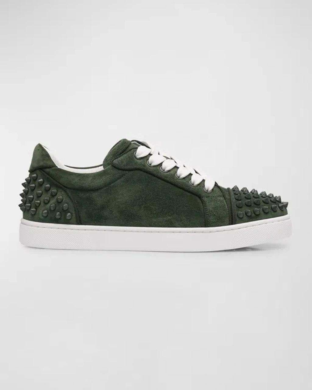 CHRISTIAN LOUBOUTIN Vieira Suede Spike Red Sole Sneakers In Green Product Image