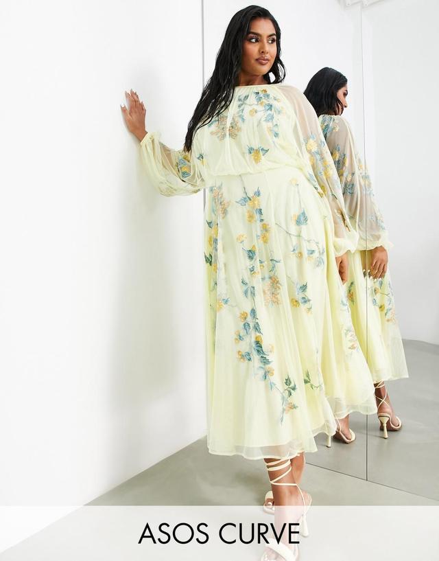 ASOS EDITION Curve floral embroidered mesh midi dress with blouson sleeve in lemon Product Image