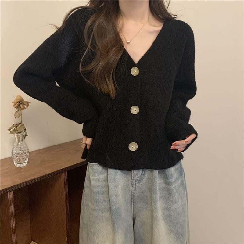 V-Neck Plain Button Cardigan Product Image